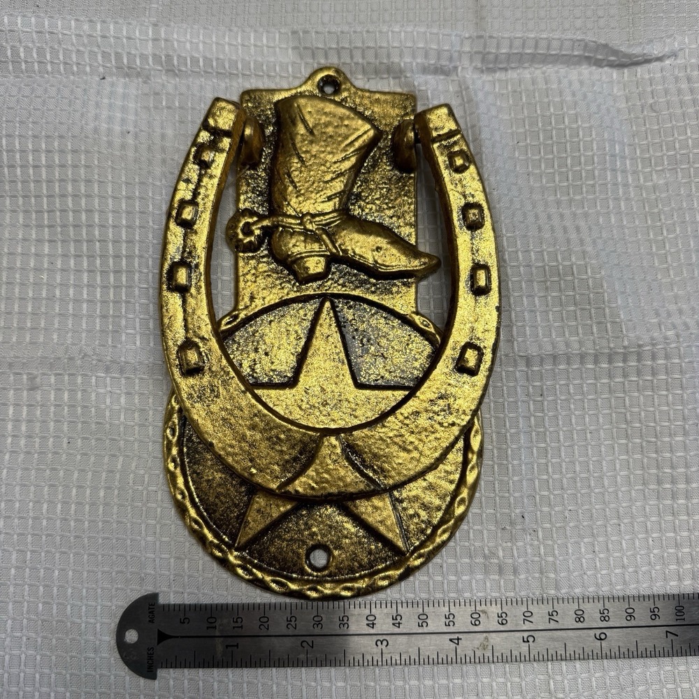 Vintage Style Gold Cast Metal Cowboy Boot Horseshoe Star Western Door Knocker